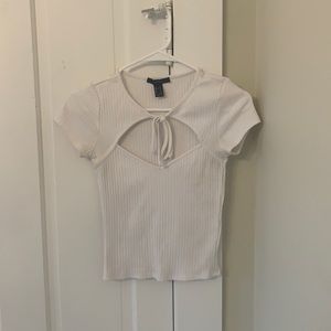 White ribbed cut out top with tie on chest